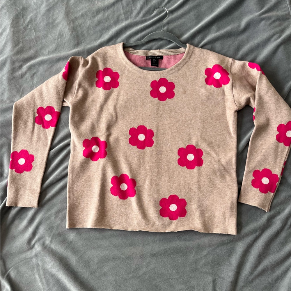Tahari Beige Sweater with Pink Floral Design